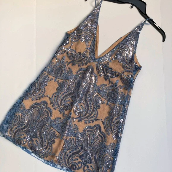 Free People Night Shimmers Mini Dress in Blue Size 10 - Picture 8 of 9